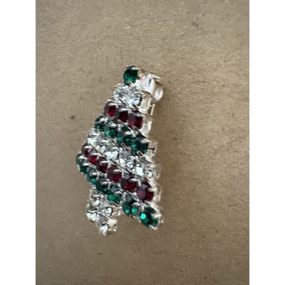 Vintage Rhinestone Red Green Christmas Tree Silver Tone Holidays Petite - Picture 5 of 5